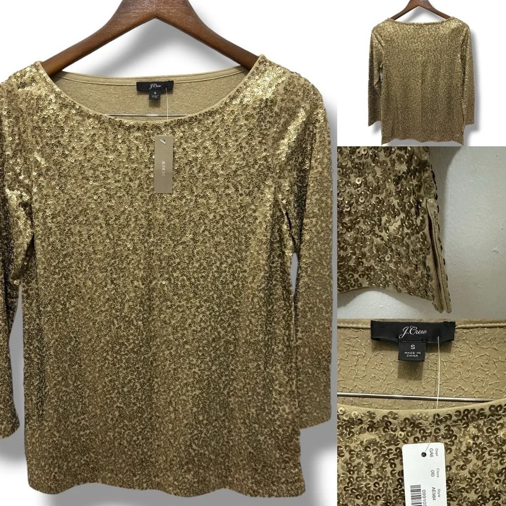 328 J.Crew | NWT Shimmering Gold Sequin Boatneck Blouse (Size S)